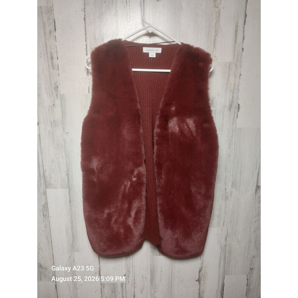 Liz Claiborne Women's Large Burgundy Open Front Faux Fur Knit Vest